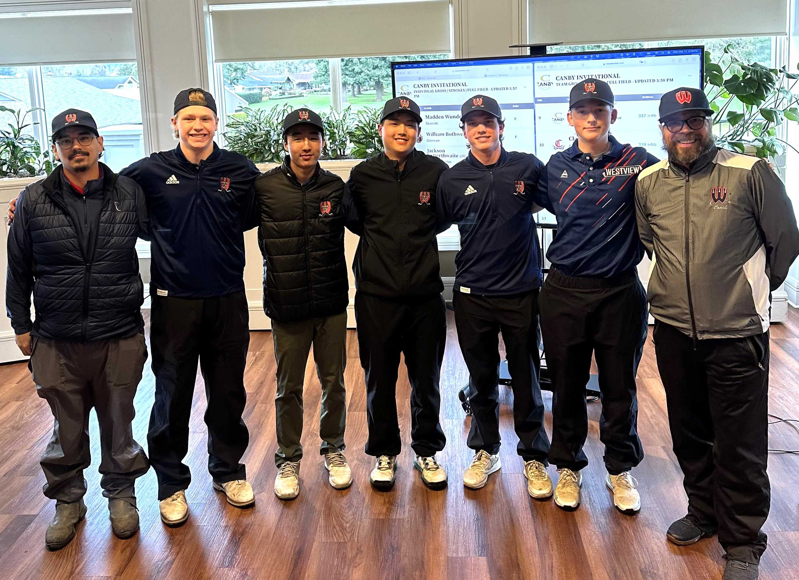 Westview golf (from left): asst. Keoki Rosimo, Noah Janss, Alex Lim, Alex Yang, Jake Rodgers, Kenton Docktor, coach Alex Ely.