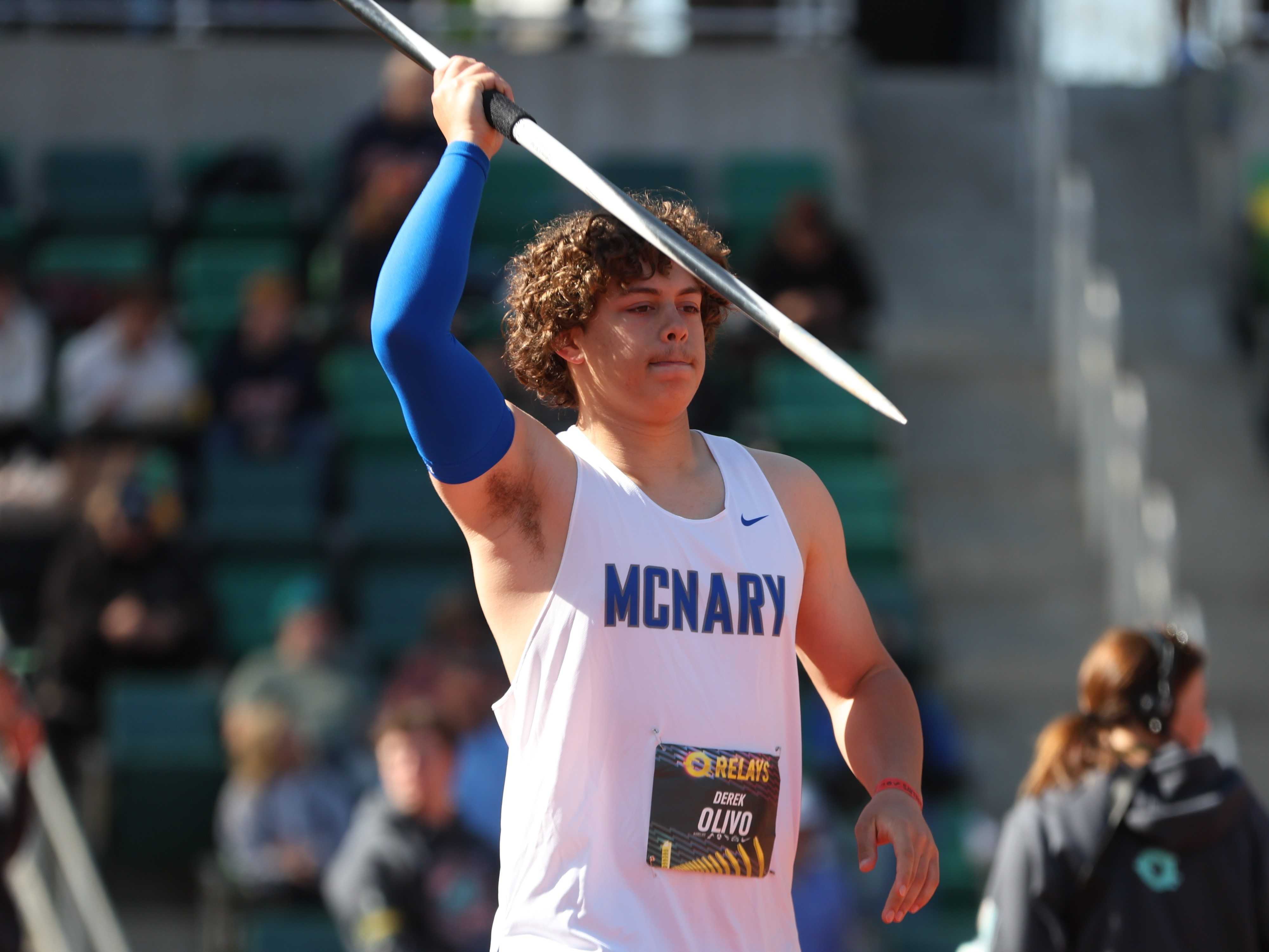 McNary sophomore Derek Olivo won the javelin at the Oregon Relays last weekend on his final throw. (Photo by Steve Schnurbusch)
