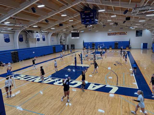 The La Grande High School girls volleyball team practices inside their gym. (Courtesy photo La Grande High School)