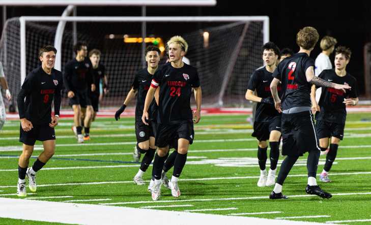 Lincoln's Merlin Danzmayr reacts after scoring a goal against Grant on Oct. 14. (Photo by Ben Teese/Portland Preps)