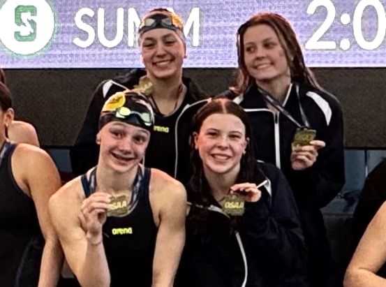 Bend's 2025 200 medley relay (from left): Emma Bronson, Maddie Thornton, Rowan Long, Hadley Hayes. (Photo by JR Olson)
