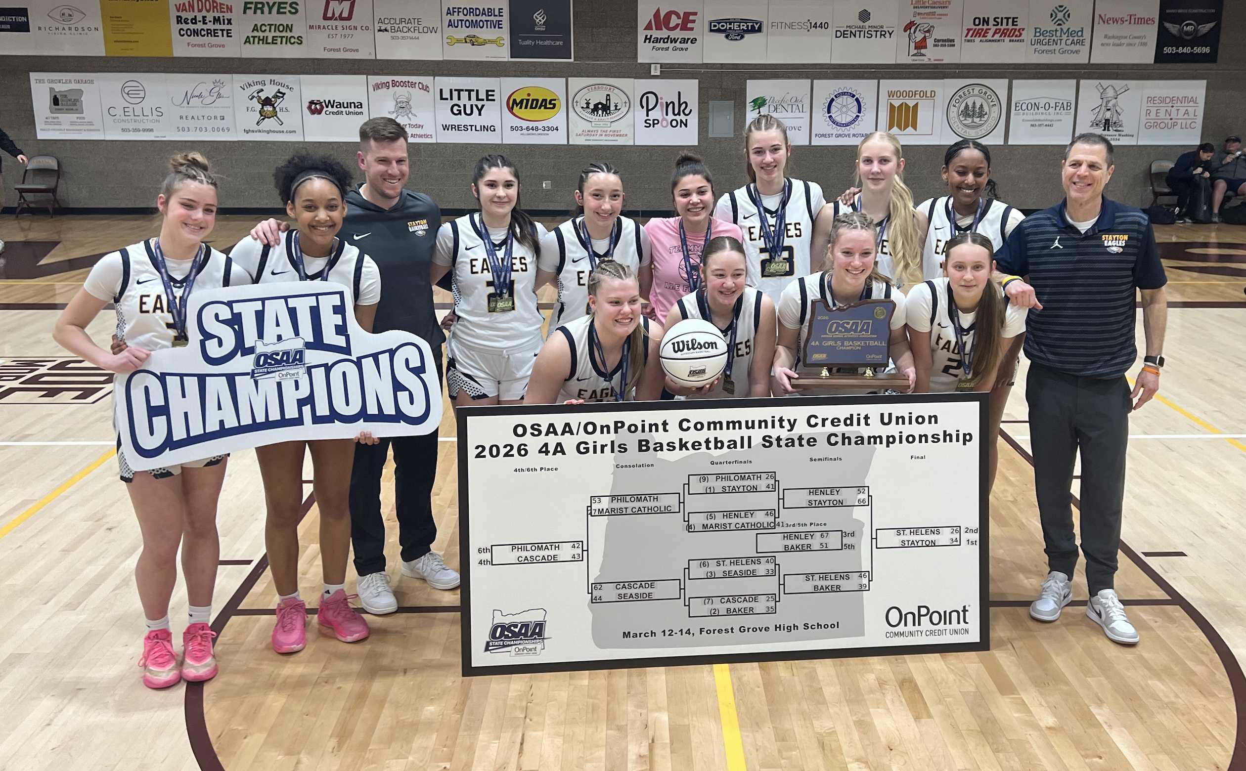 Top-ranked Stayton defeated No. 6 St. Helens 34-26 to clinch a second consecutive 4A girls basketball state title on Saturday.