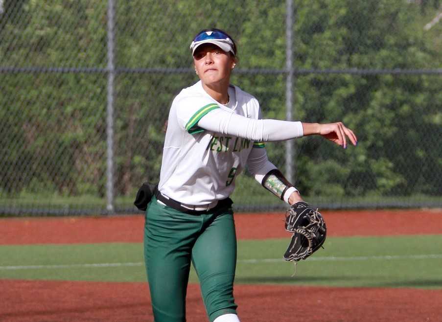 West Linn shortstop Emily Sakys, a Miami of Ohio commit, has five home runs and 27 RBIs this season. (Photo by Miles Vance)