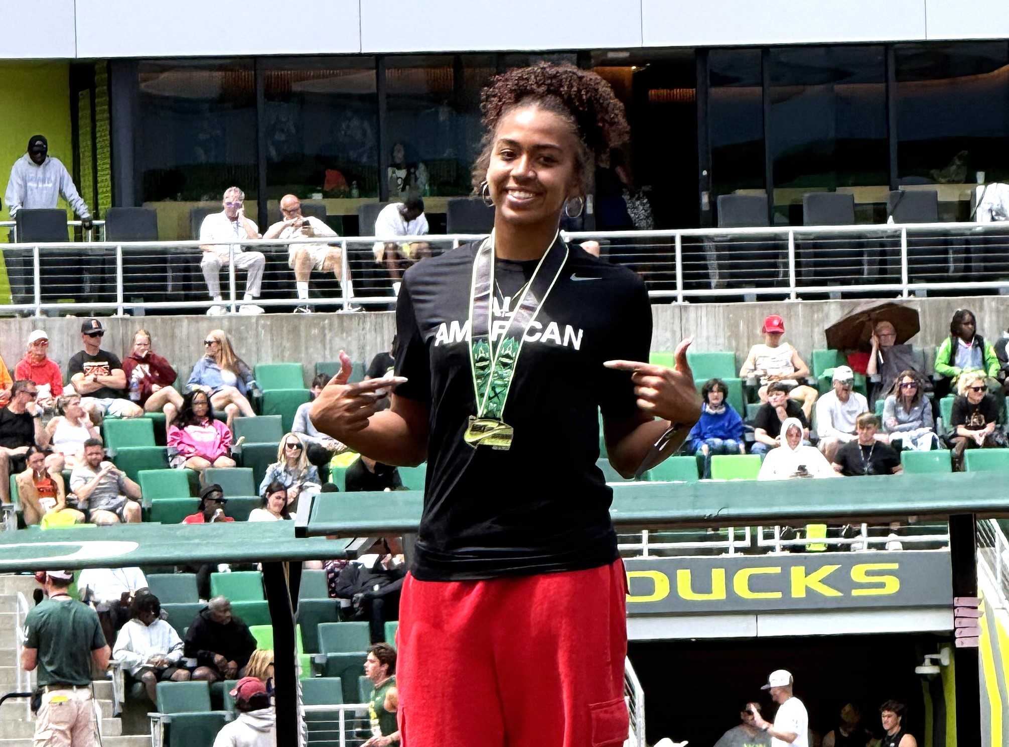 Jesuit's Iman Foster triple-jumped 41-8 twice Saturday in finishing as runner-up in the Nike Outdoor Nationals at Hayward Field.