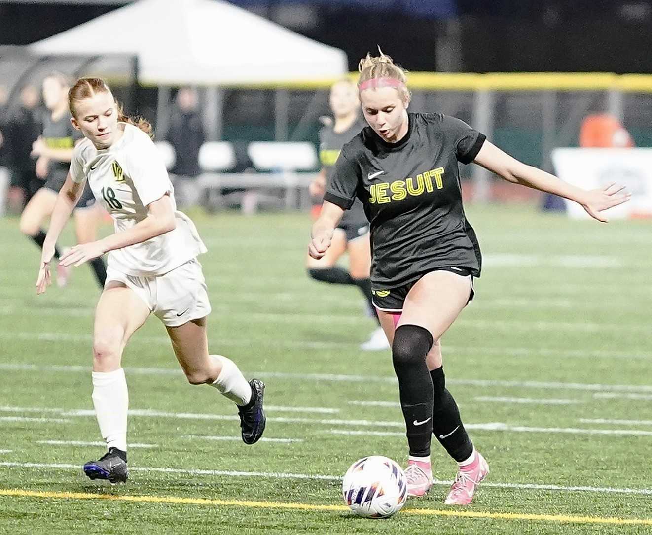 Jesuit senior Natalie Webber, who scored 32 goals last season, has scored 13 goals through four matches. (Photo by JR Olson)